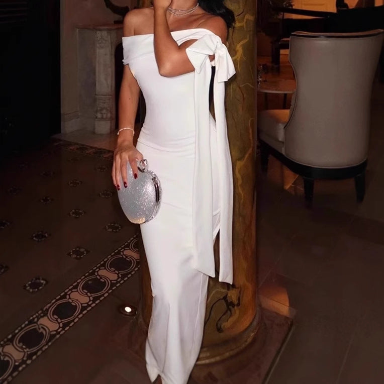 Elegant off-shoulder maxi dress for women with a sculpting fit and a flowing hem Lune London