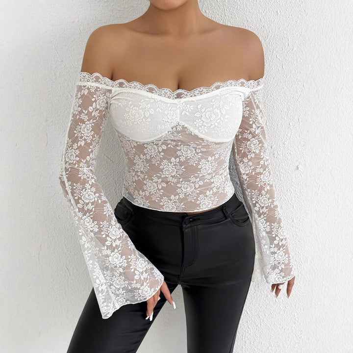 Women’s lace top with off-shoulder design and elegant trumpet sleeves Lune London