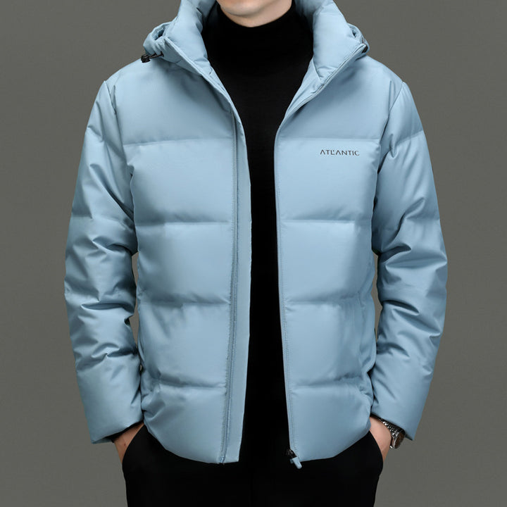 Warm padded jacket for men with practical hood and innovative insulation Lune London