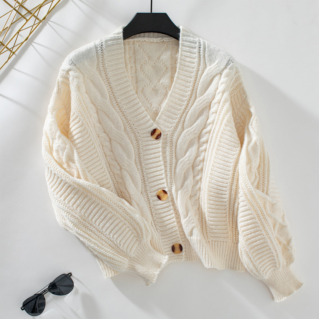 Women’s knitted jacket with a decorative braid design and a soft, textured material Lune London