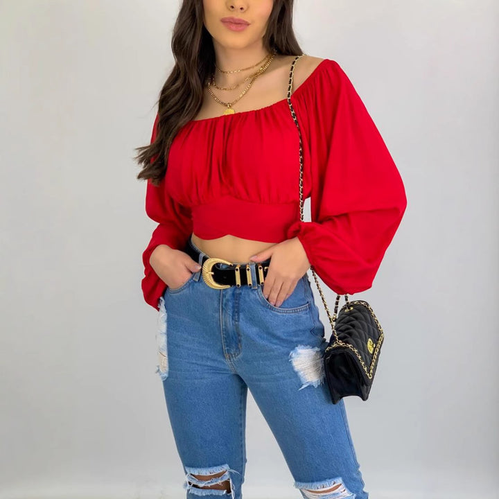 Ladies Off-Shoulder Bell Sleeve Crop Top Lune London