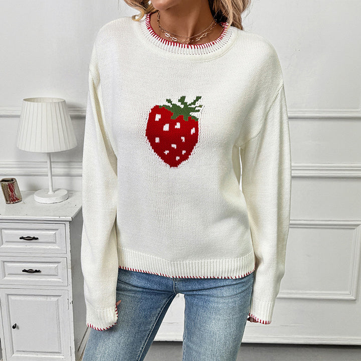 Knitted sweater for women with strawberry fruit pattern and relaxed fit Lune London