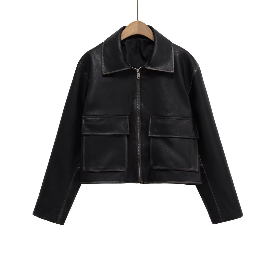 Cropped leather jacket for women with practical pockets Lune London