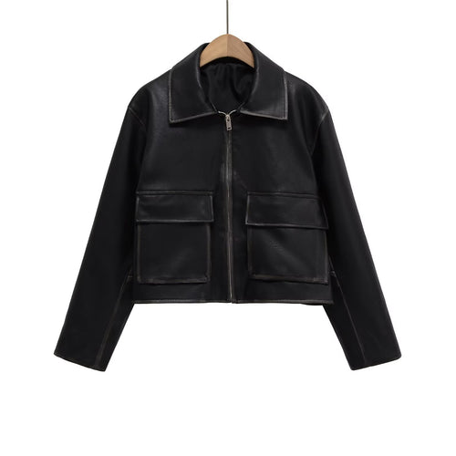 Cropped leather jacket for women with practical pockets Lune London