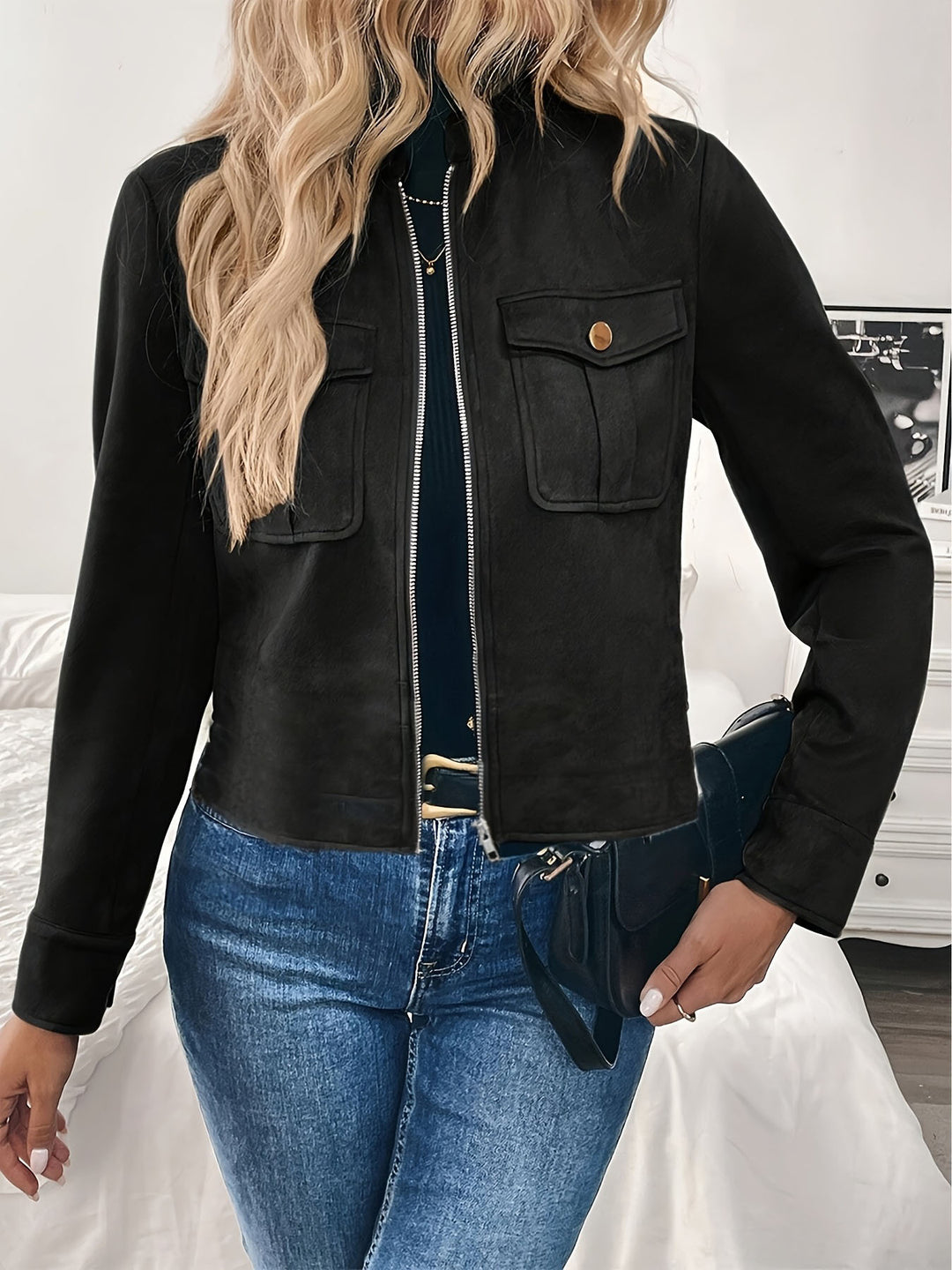 Ladies Short Fashion Jacket in Soft Suede Look with Practical Pockets Lune London