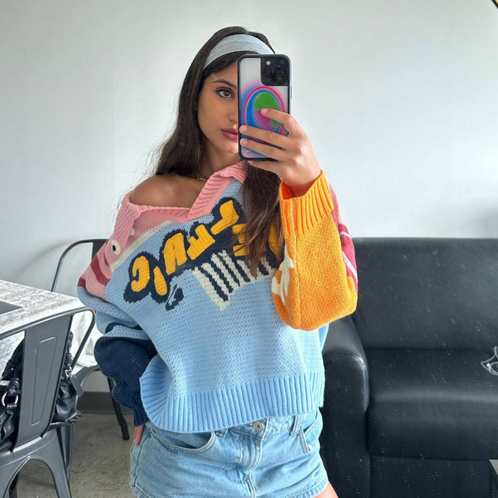 Knit sweater for women with colorful graphic design and modern collar Lune London