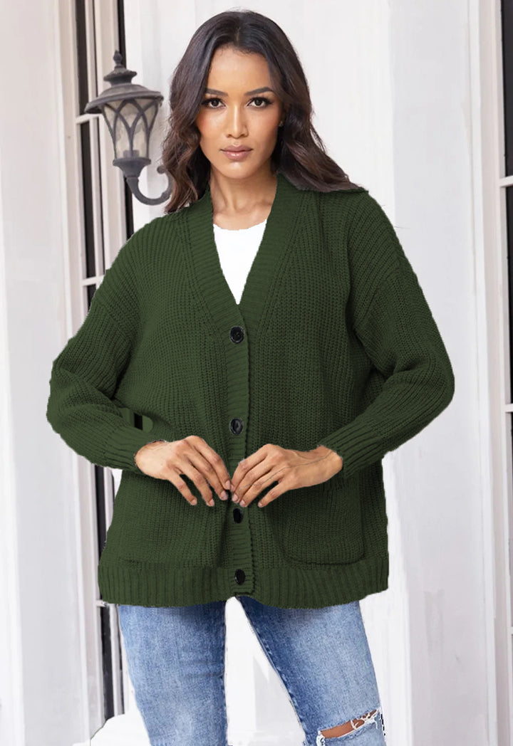 Fashionable knitted jacket for women with button closure all the way down and large pockets Lune London