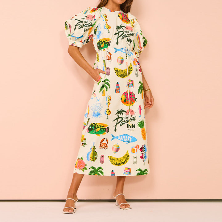 Robe Maxi Femme avec Manches Bouffantes et Imprimé Estival Coloré Chic & Stil