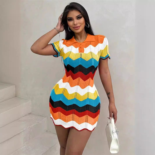 Ladies' knit dress with a modern wave pattern and a polo collar Lune London