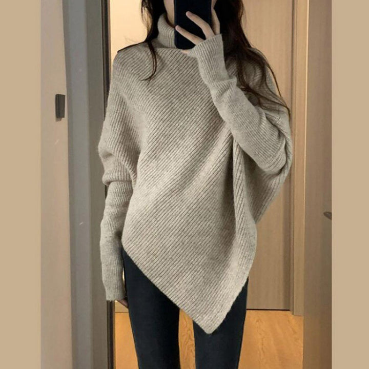 Knitted sweater for women with asymmetric cut and high collar Lune London