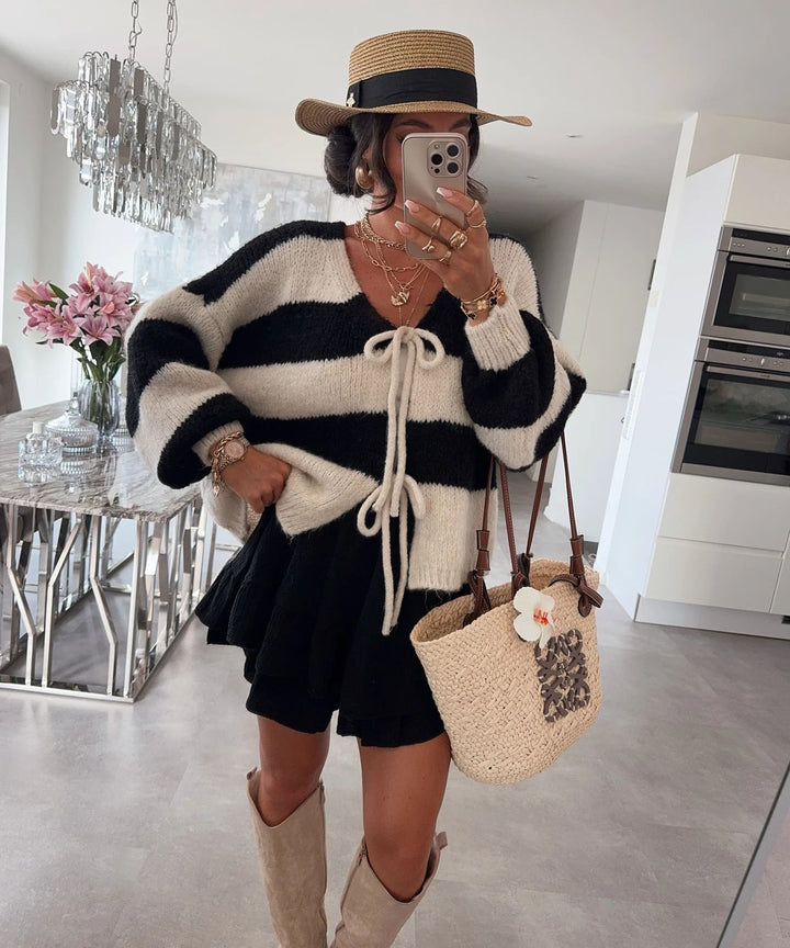 Lune London | Women's loose cardigan with wide stripes and tie belt