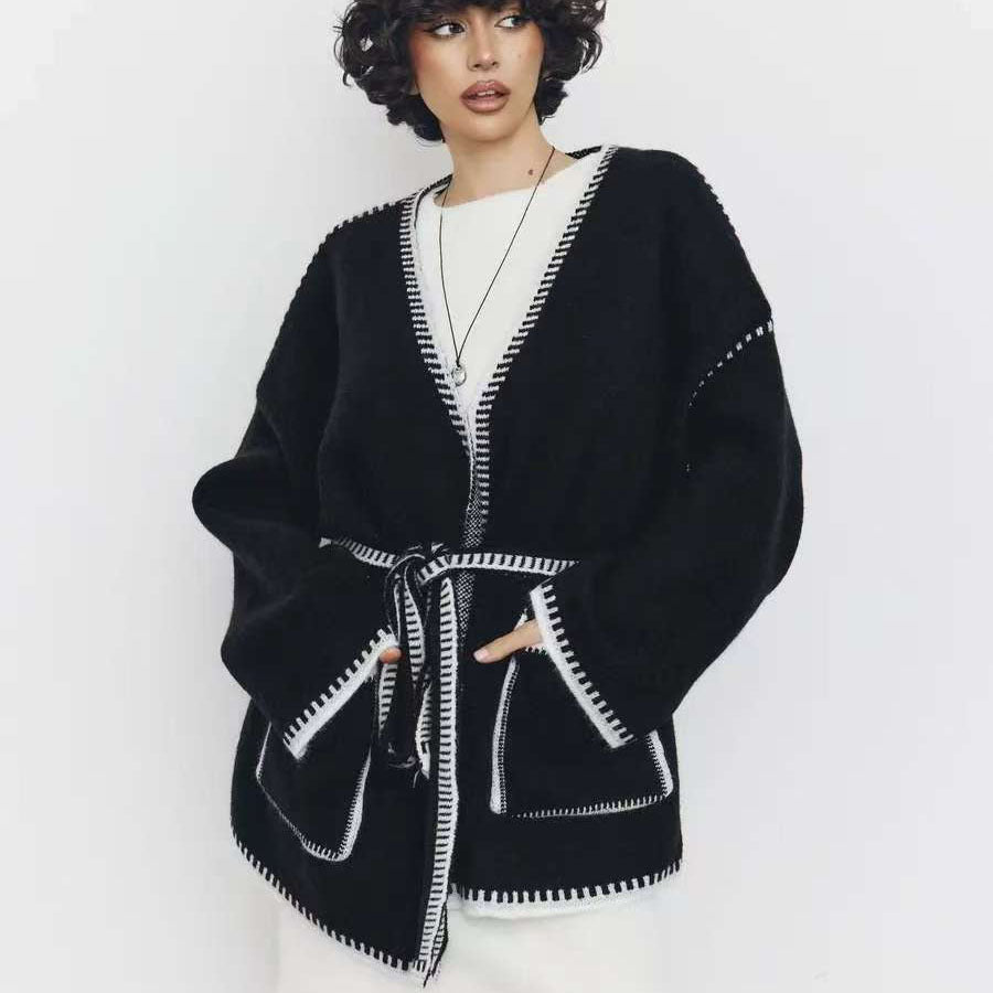 Knitted jacket for women with belt and large pockets Lune London