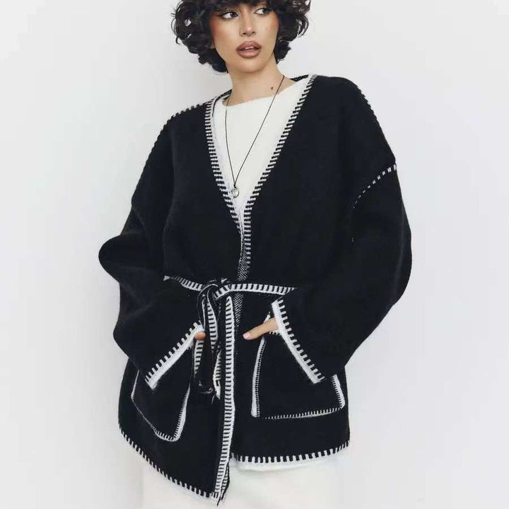 Knitted jacket for women with belt and large pockets Lune London