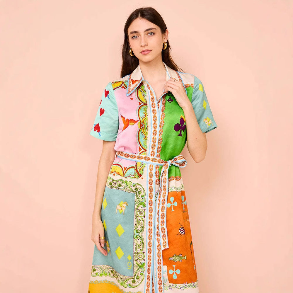Maxi dress women in patchwork with colorful patterns and a belt at the waist Chic & Stil