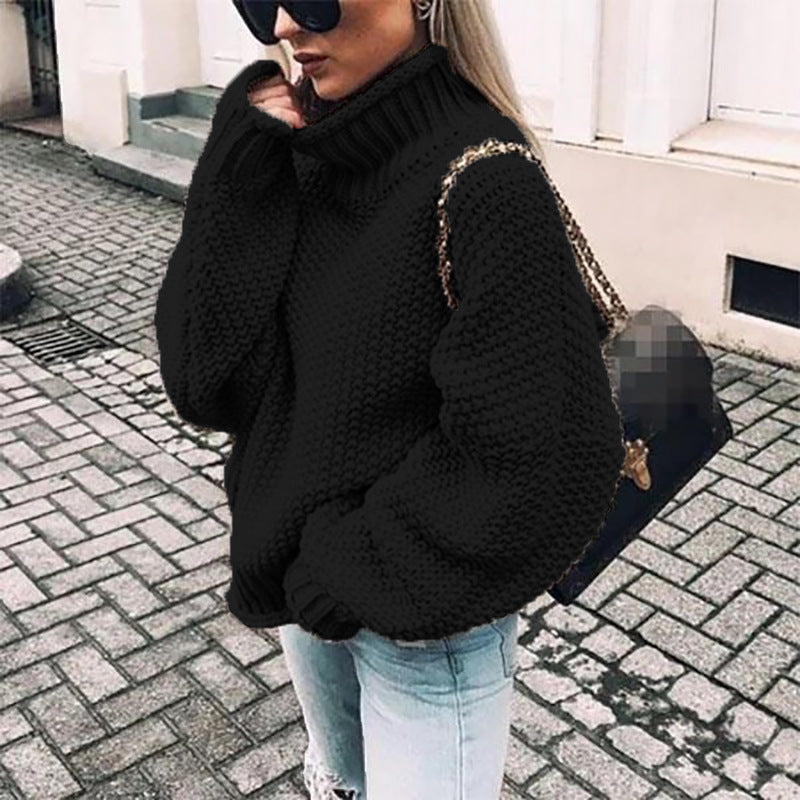 Chunky knit sweater for women with high collar and dropped shoulders Lune London