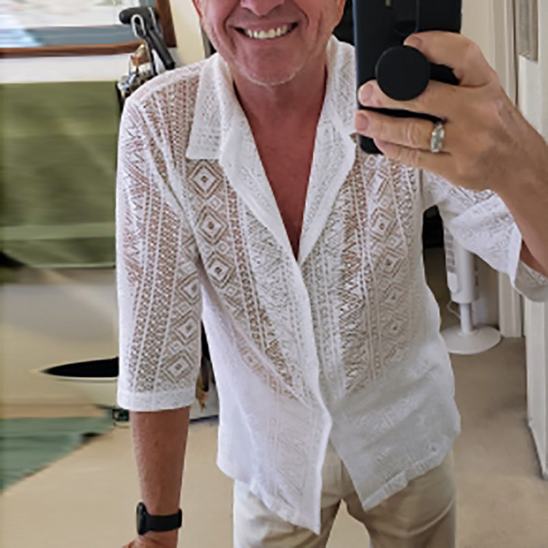 Short-sleeve shirt for men with textured pattern and button placket Lune London