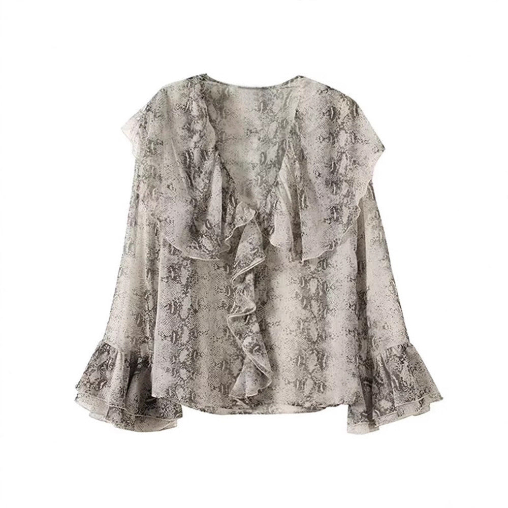 Ladies elegant chiffon blouse with ruffles and snake pattern Lune London