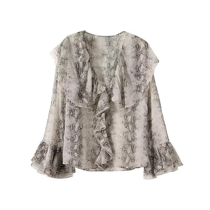 Ladies elegant chiffon blouse with ruffles and snake pattern Lune London