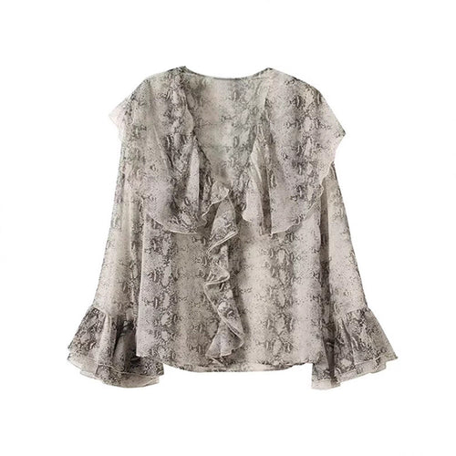 Ladies elegant chiffon blouse with ruffles and snake pattern Lune London