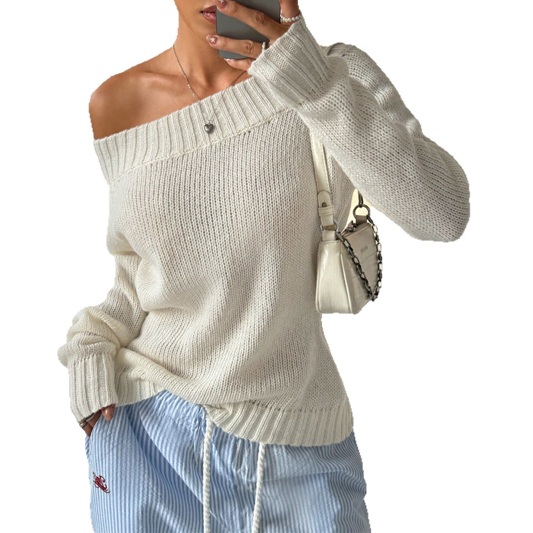 Off-the-shoulder knit sweater for women with textured knit pattern Lune London