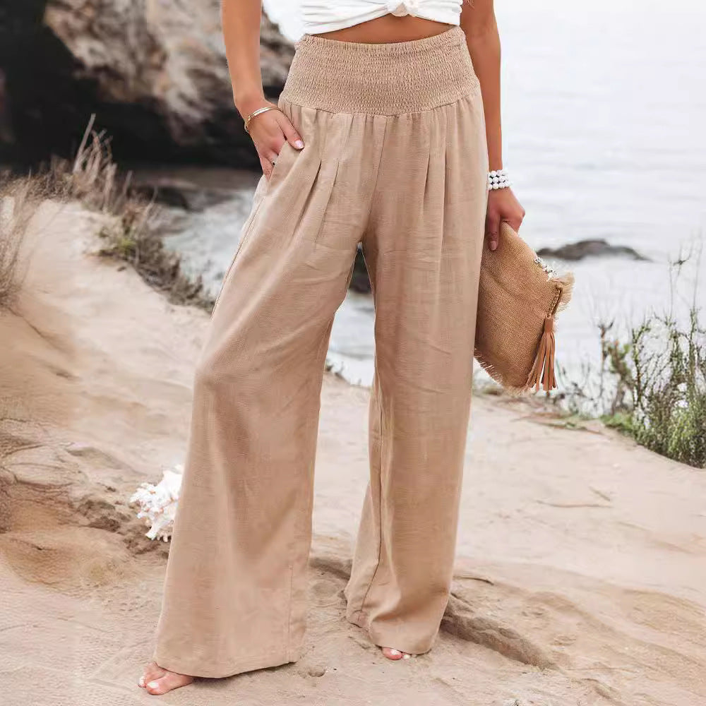 Pantalon en lin large d'été pour femmes avec taille élastique Lune London
