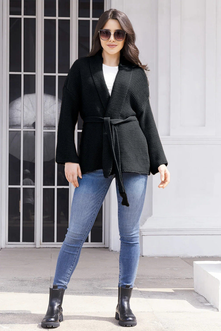 Ladies elegant knitted cardigan with belt and soft material Lune London