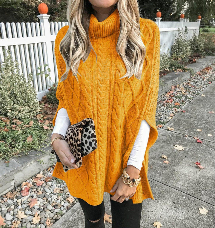 Poncho sweater for women with high neck and classic cable pattern Lune London
