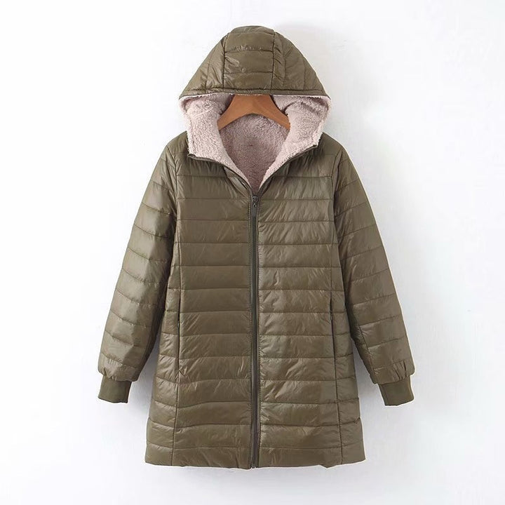 Lady down jacket with soft teddy lining and practical hood Lune London