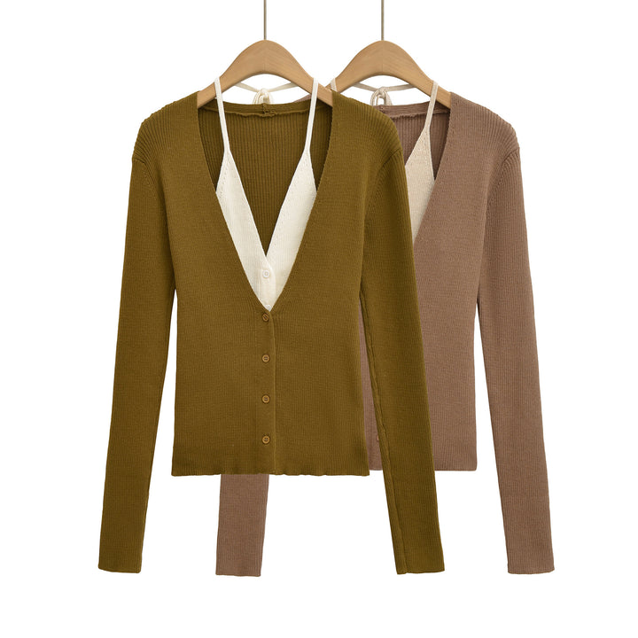 Ladies elegant knitted cardigan with deep V-neck and contrasting lining Lune London
