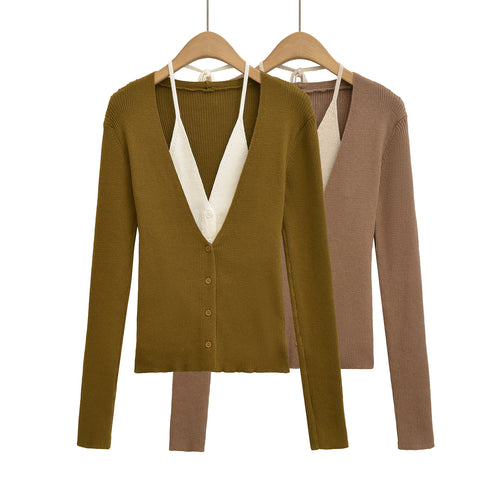 Ladies elegant knitted cardigan with deep V-neck and contrasting lining Lune London