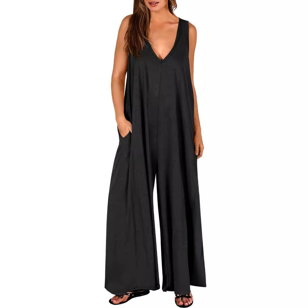Ladies lightweight jumpsuit with deep V-neck and side pockets Lune London