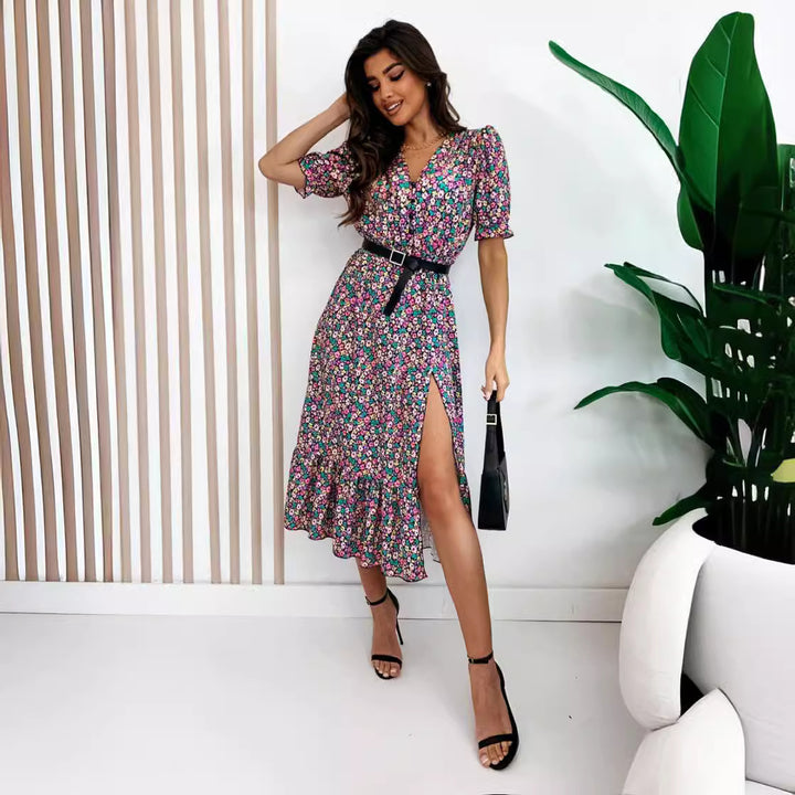 Floral print wrap dress for women with high slit and ruffled hem Lune London