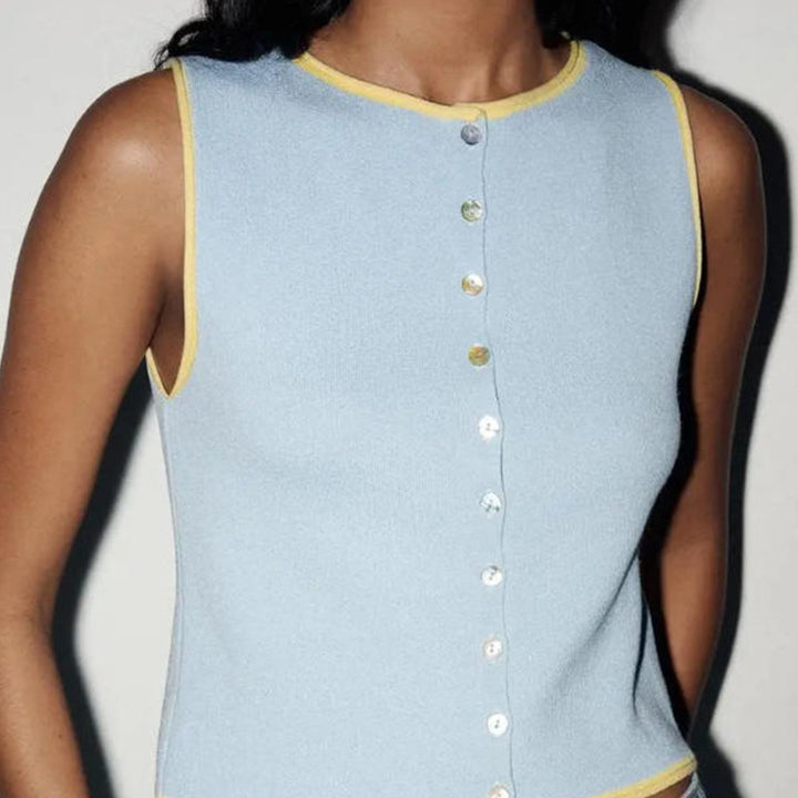 Lune London women's sleeveless knit tank top with decorative button details