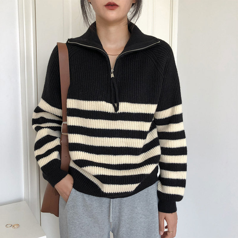 Women's striped sweater with mid-length zip and casual fit Lune London
