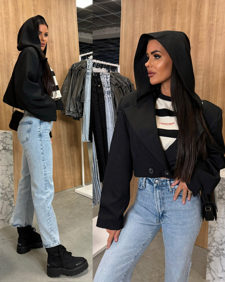 Ladies fashionable jacket with hood and double-breasted Lune London