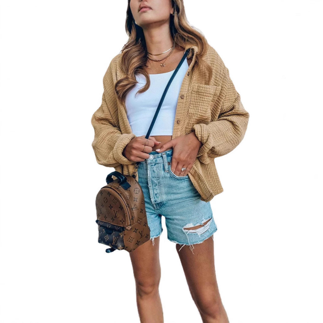 Casual overshirt jacket for women with a textured surface and trendy button details Lune London