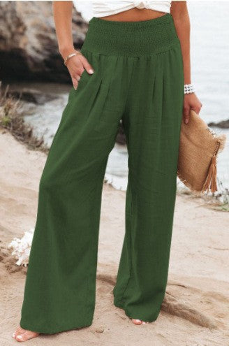 Lune London | Women's Wide Linen Pants with Elastic Waistband and Side Pleats
