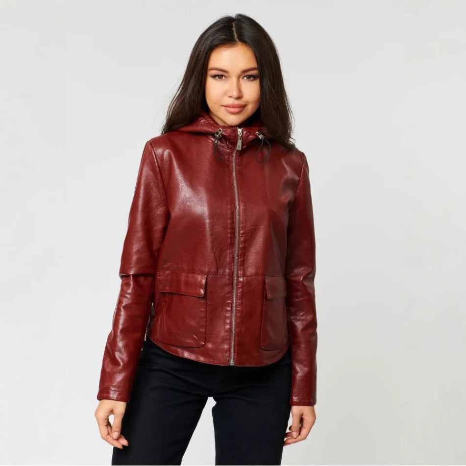 Faux leather jacket for women with integrated hood and practical pockets Lune London