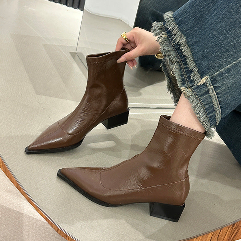 Ladies Elegant Ankle Boots with Pointed Toe and Block Heel Lune London