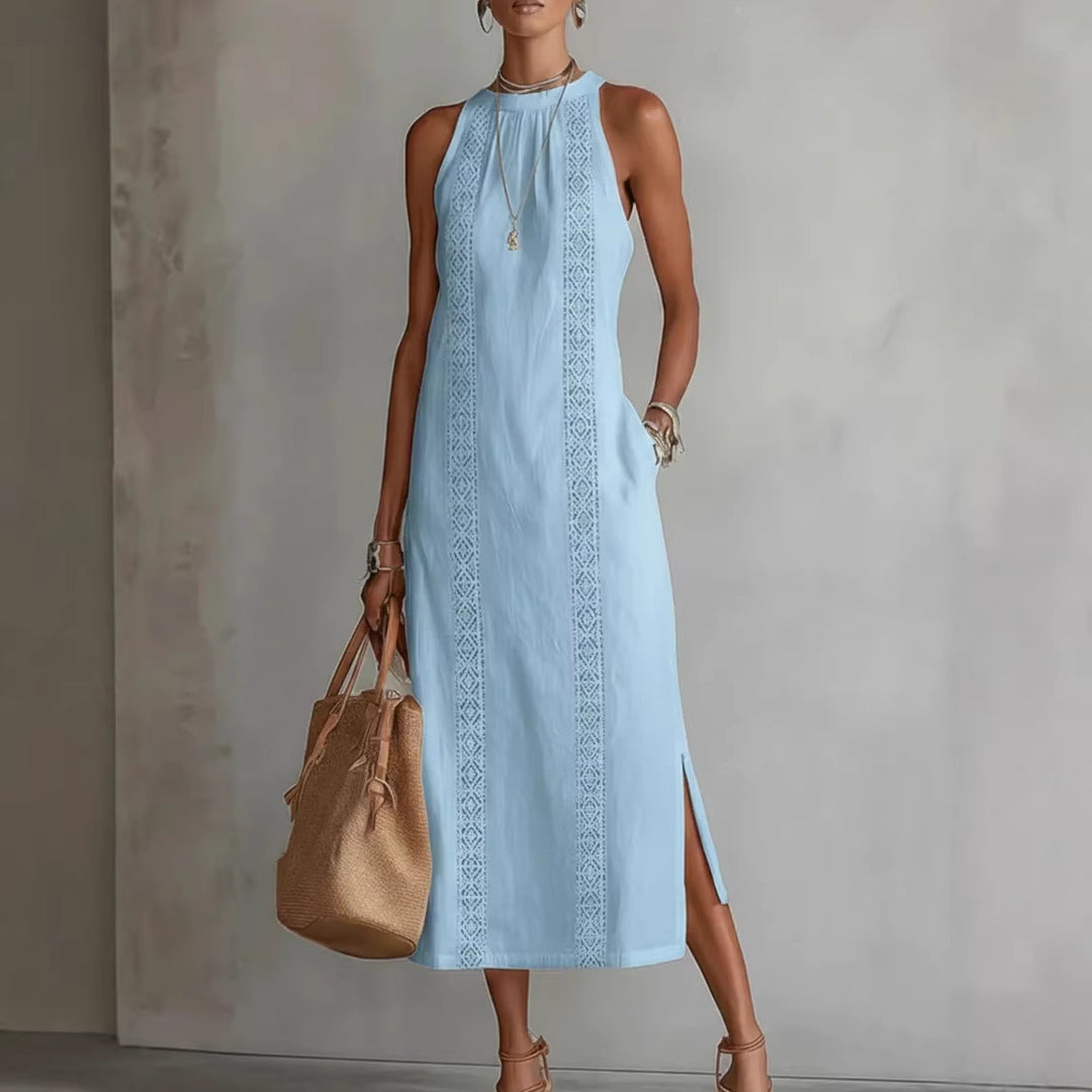 Women Elegant Summer Maxi Dress with Lace Appliqué and Side Slit Lune London
