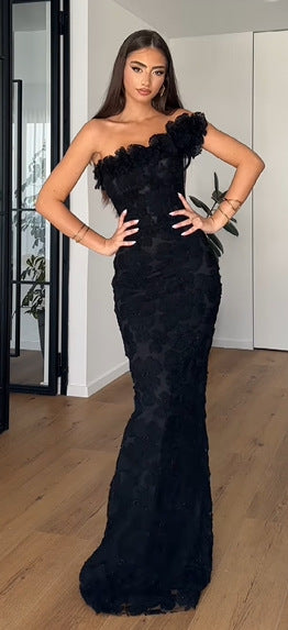 Women's Elegant Evening Dress with Floral Detail and Off-Shoulder Design