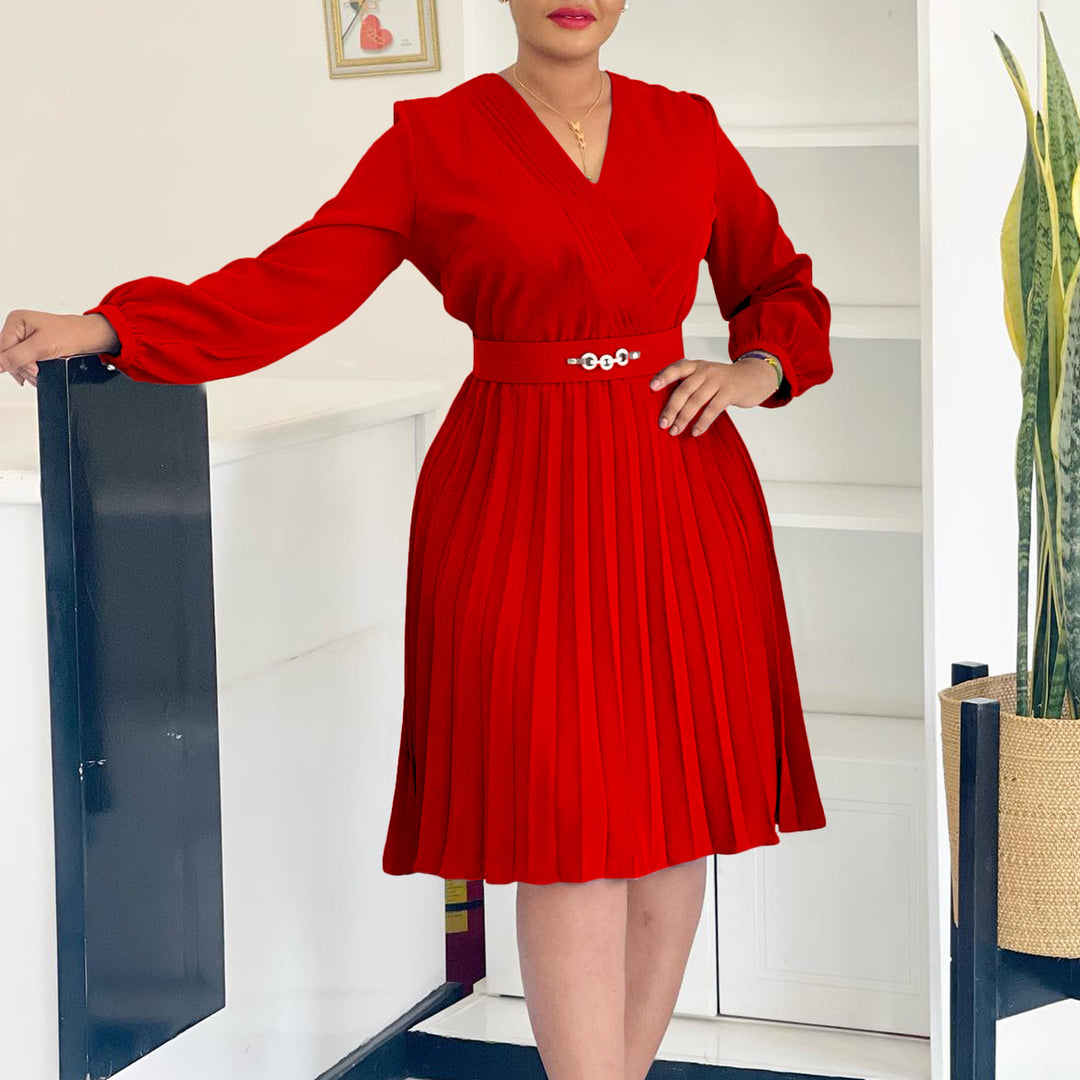 Pleated wrap dress for women with belt and elegant brooch Lune London