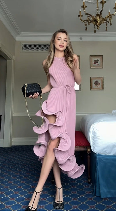 Women's maxi dress with asymmetrical ruffle and elegant pleated skirt Lune London