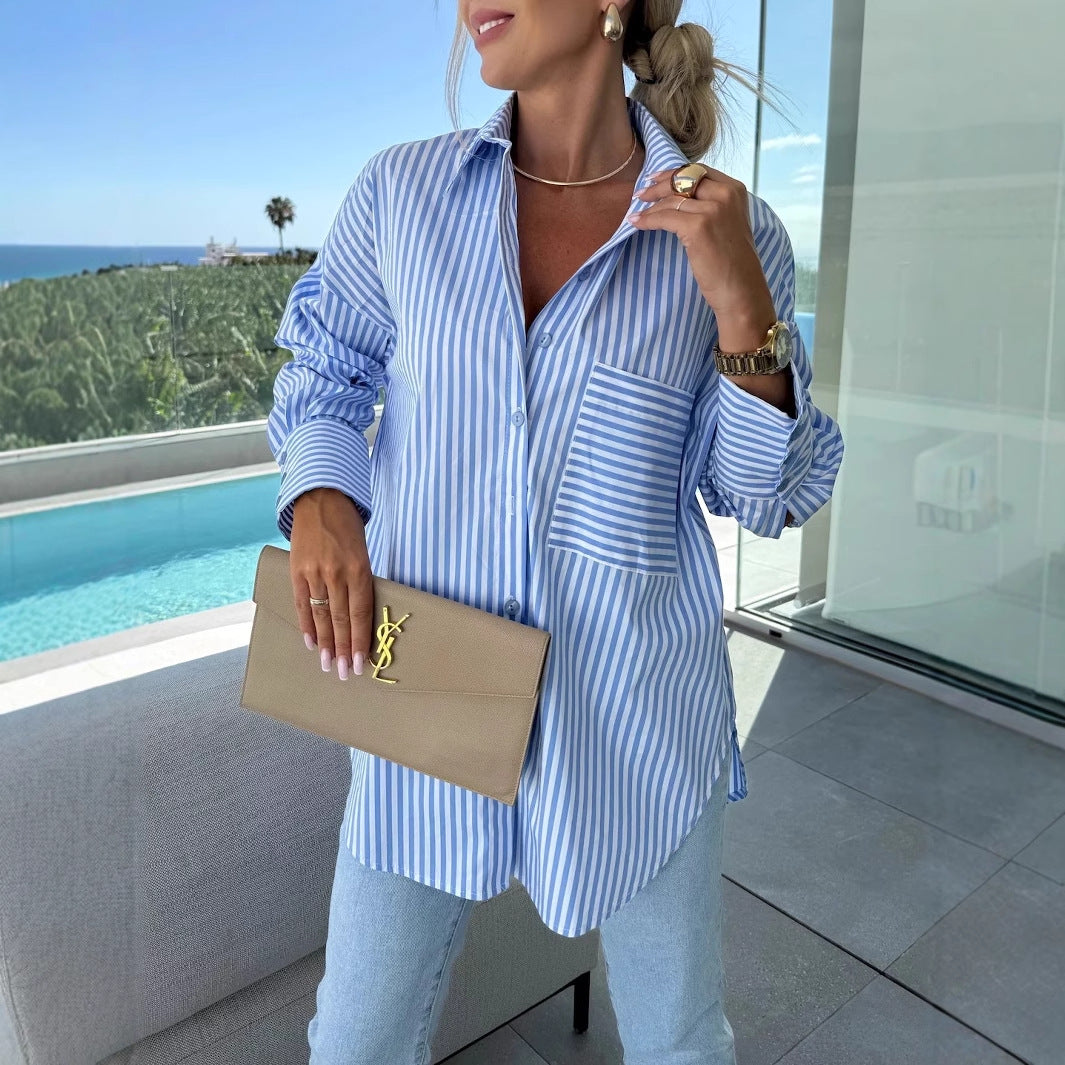 Chemisier décontracté pour femmes avec un motif de rayures classique et une poche poitrine appliquée Chic & Stil