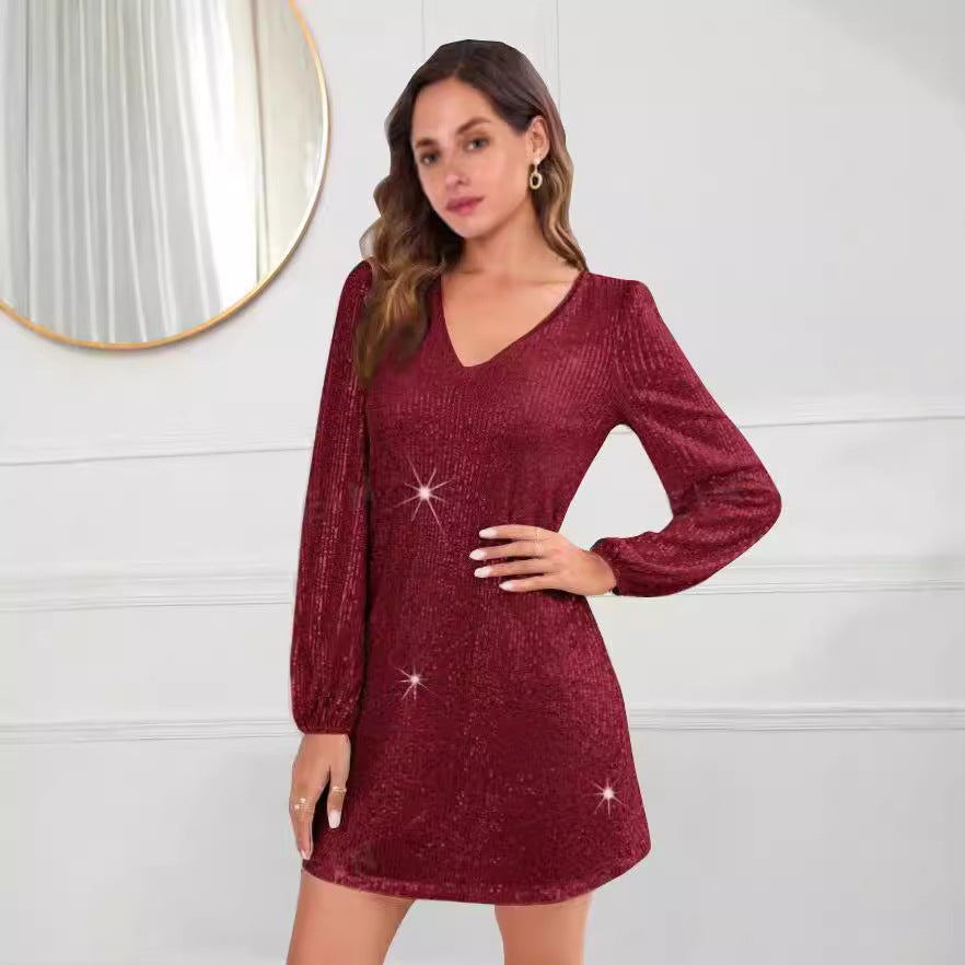 Sparkling tiny dress for women with V-neck and long sleeves Lune London