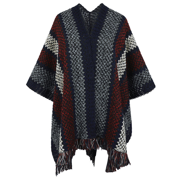 Knit poncho for women with V-neck and fringes Lune London