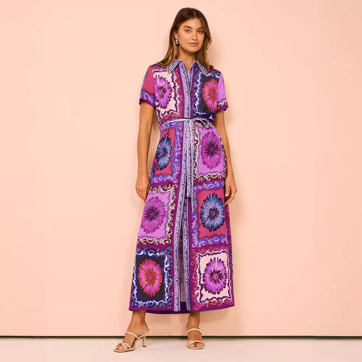 Chic & Stil Women's Maxi Dress in Floral Patchwork with Concealed Button Closure and Waist Belt
