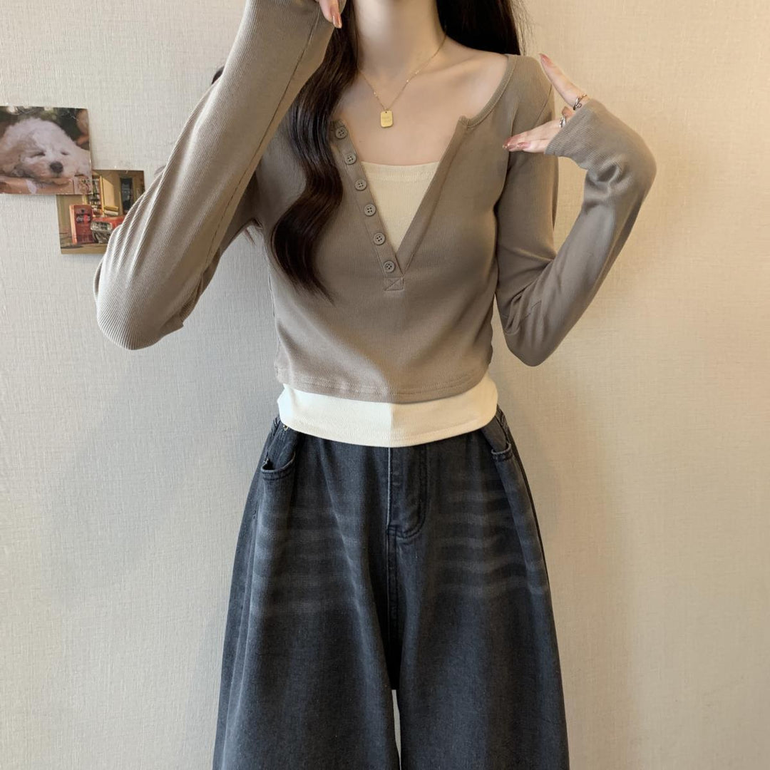 Chemise à manches longues pour femmes avec patte de boutonnage et col rond Chic & Stil