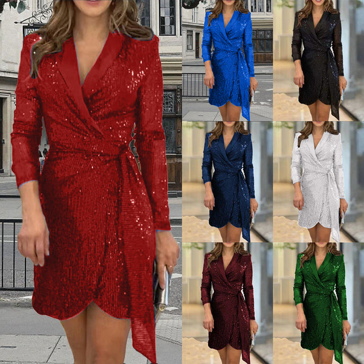 Women Glamorous Sequined Mini Dress with Wrap Design Lune London
