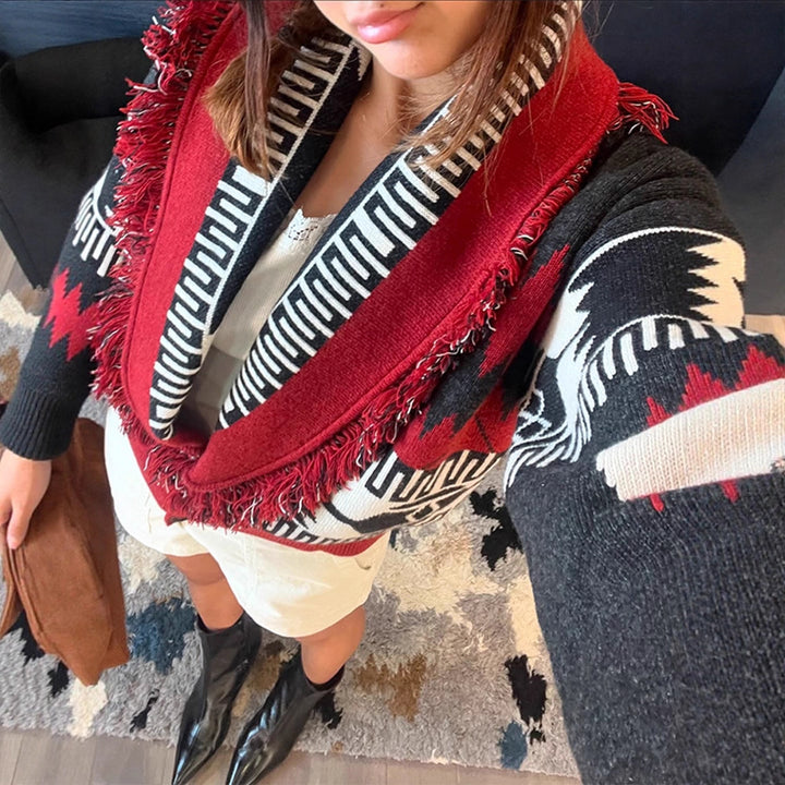 Knit cardigan for women with fringe details and a geometric pattern Lune London